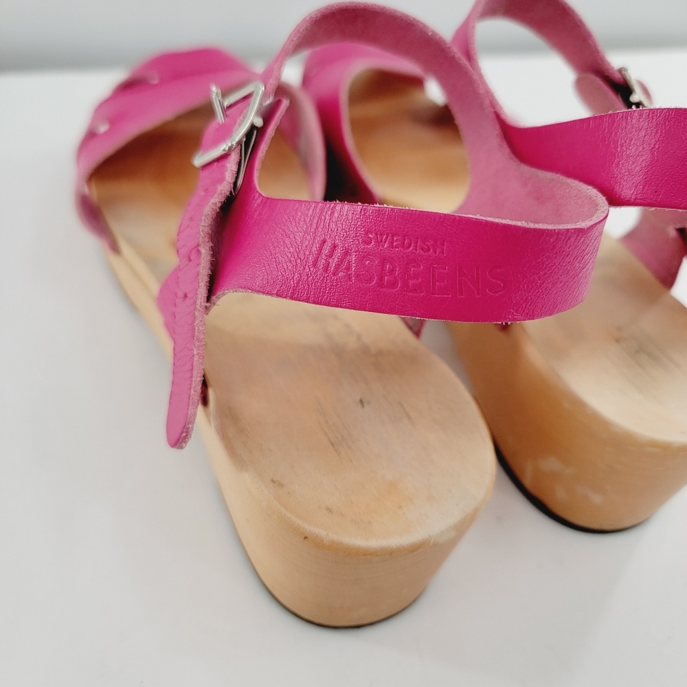 Swedish Hasbeens Suzanne Hot Pink Peep Toe Sandal Clogs - Picture 15 of 16